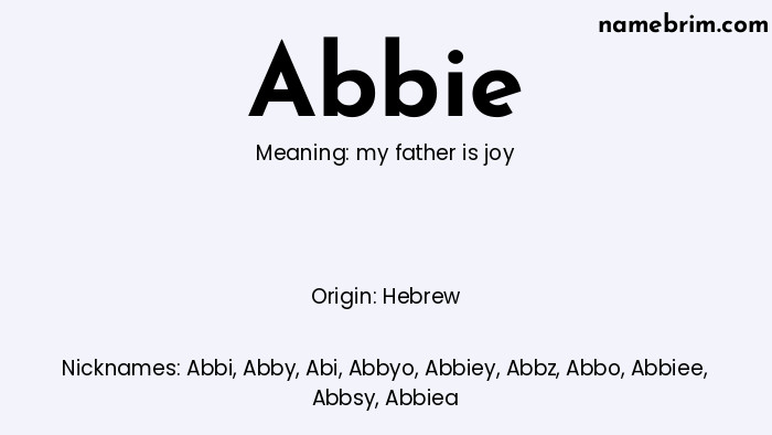 Infographic of Abbie name meaning, which is a name of Hebrew origin, Abbie means my father is joy, and Abbi is a nickname for Abbie.