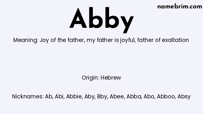 Infographic of Abby name meaning, which is a name of Hebrew origin, Abby means joy of the father, and Ab is a nickname for Abby.