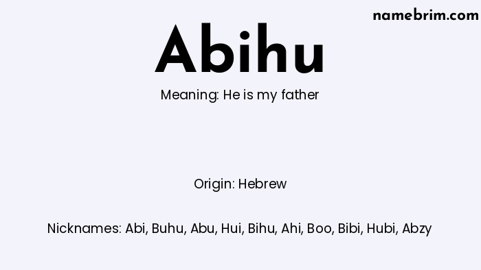 Infographic of Abihu name meaning, which is a name of Hebrew origin, Abihu means he is my father, and Abi is a nickname for Abihu.