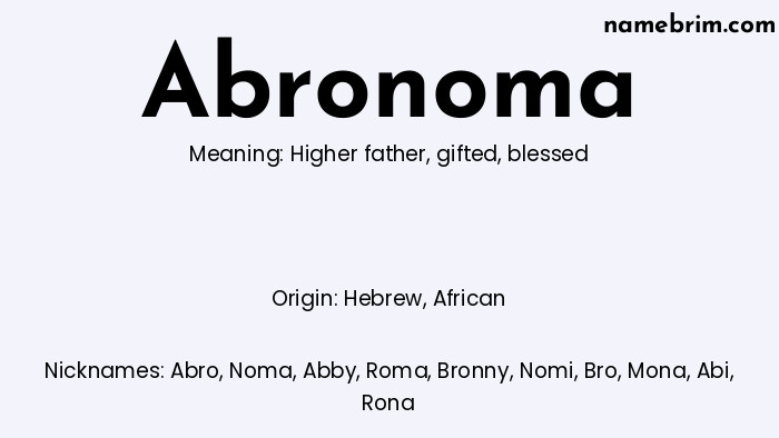 Infographic of Abronoma name meaning, which is a name of Hebrew origin, Abronoma means higher father, and Abro is a nickname for Abronoma.