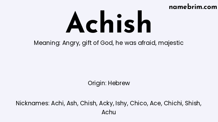 Infographic of Achish name meaning, which is a name of Hebrew origin, Achish means angry, and Achi is a nickname for Achish.