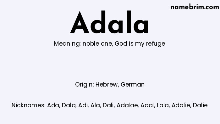 Infographic of Adala name meaning, which is a name of Hebrew origin, Adala means God is my refuge, and Ada is a nickname for Adala.