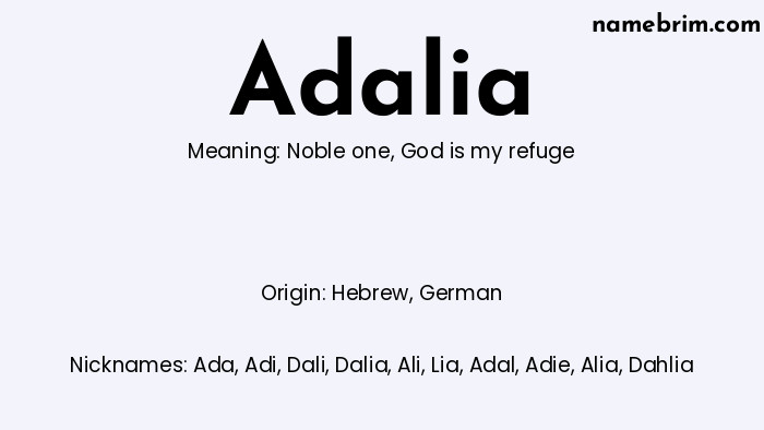 Infographic of Adalia name meaning, which is a name of Hebrew origin, Adalia means noble one, and Ada is a nickname for Adalia.