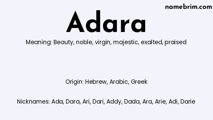 Infographic of Adara name meaning, which is a name of Hebrew origin, Adara means beauty, and Ada is a nickname for Adara.