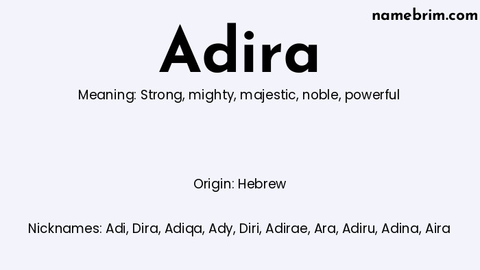 Infographic of Adira name meaning, which is a name of Hebrew origin, Adira means strong, and Adi is a nickname for Adira.