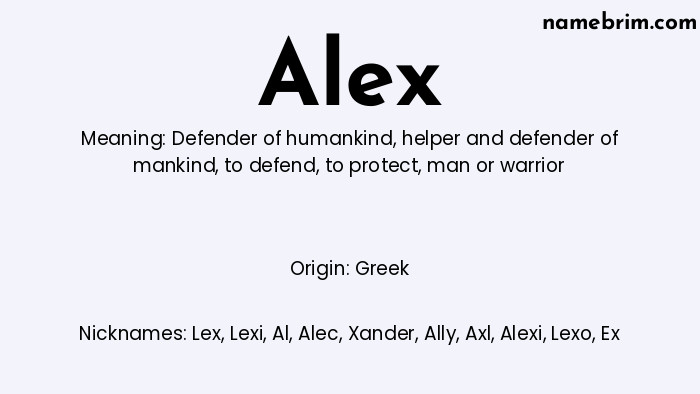 Infographic of Alex name meaning, which is a name of Greek origin, Alex means defender of humankind, and Lex is a nickname for Alex.