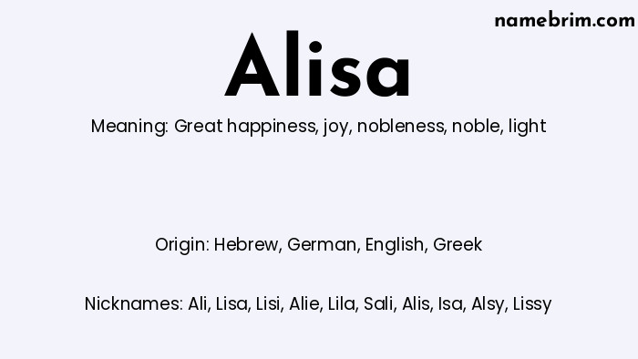 Infographic of Alisa name meaning, which is a name of Hebrew origin, Alisa means great happiness, and Ali is a nickname for Alisa.