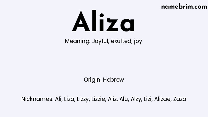 Infographic of Aliza name meaning, which is a name of Hebrew origin, Aliza means joyful, and Ali is a nickname for Aliza.