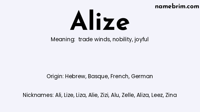 Infographic of Alize name meaning, which is a name of Hebrew origin, Alize means joyful, and Ali is a nickname for Alize.