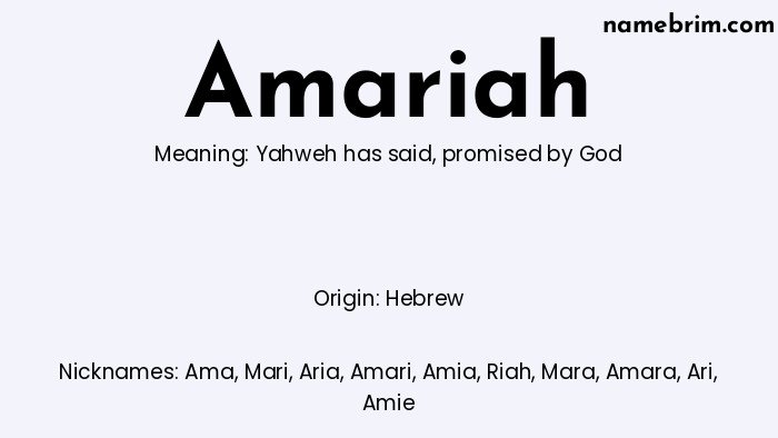 Infographic of Amariah name meaning, which is a name of Hebrew origin, Amariah means Yahweh has said, and Ama is a nickname for Amariah.