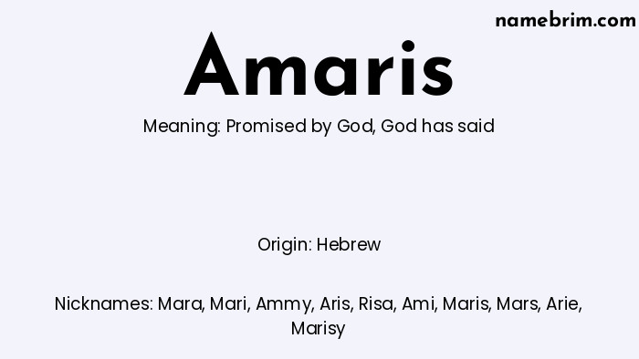 Infographic of Amaris name meaning, which is a name of Hebrew origin, Amaris means promised by God, and Mara is a nickname for Amaris.