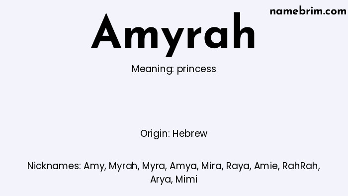 Infographic of Amyrah name meaning, which is a name of Hebrew origin, Amyrah means princess, and Amy is a nickname for Amyrah.