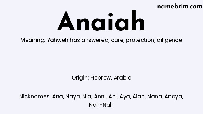 Infographic of Anaiah name meaning, which is a name of Hebrew origin, Anaiah means Yahweh has answered, and Ana is a nickname for Anaiah.