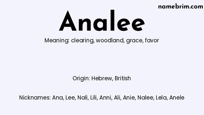 Infographic of Analee name meaning, which is a name of Hebrew origin, Analee means favor, and Ana is a nickname for Analee.