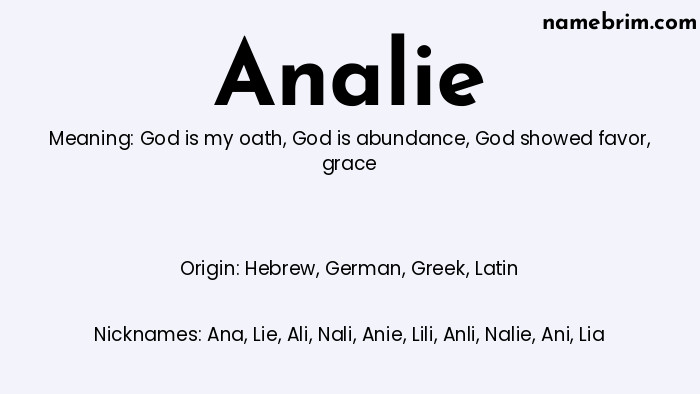 Infographic of Analie name meaning, which is a name of Hebrew origin, Analie means grace, and Ana is a nickname for Analie.