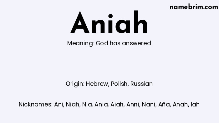 Infographic of Aniah name meaning, which is a name of Hebrew origin, Aniah means God has answered, and Ani is a nickname for Aniah.