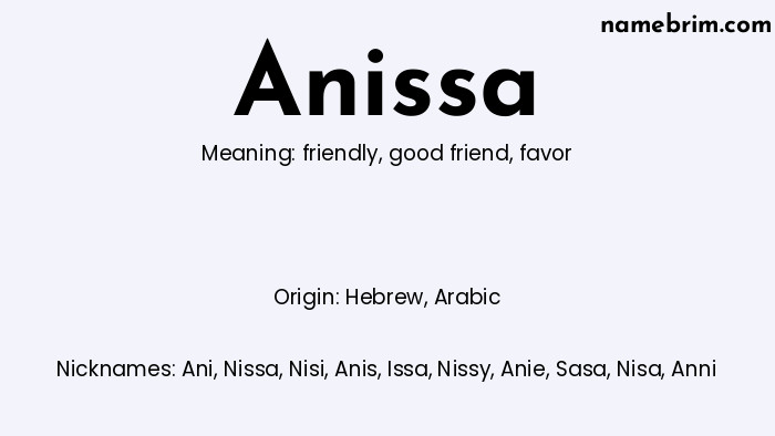 Infographic of Anissa name meaning, which is a name of Hebrew origin, Anissa means favor, and Ani is a nickname for Anissa.