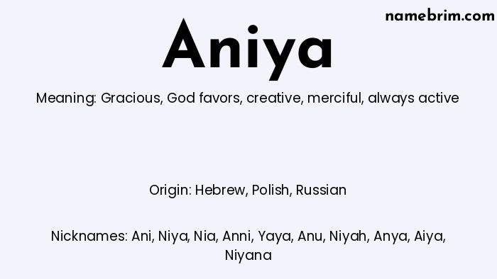 Infographic of Aniya name meaning, which is a name of Hebrew origin, Aniya means gracious, and Ani is a nickname for Aniya.