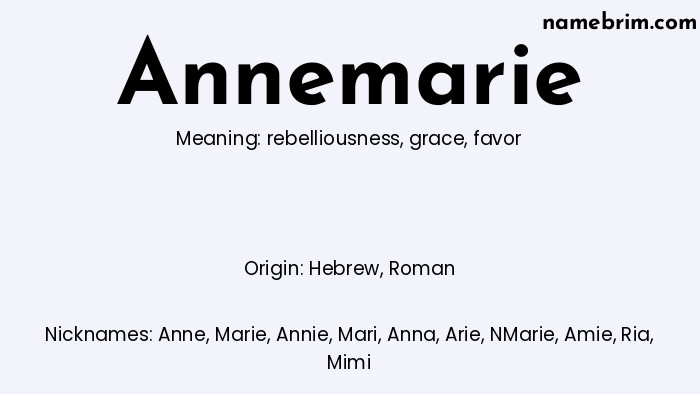 Infographic of Annemarie name meaning, which is a name of Hebrew origin, Annemarie means favor, and Anne is a nickname for Annemarie.