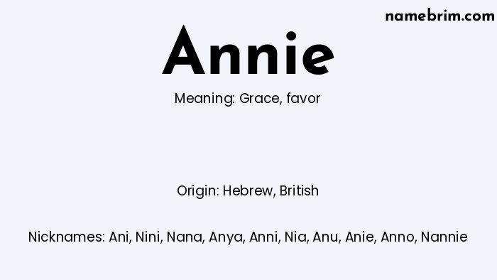 Infographic of Annie name meaning, which is a name of Hebrew origin, Annie means grace, and Ani is a nickname for Annie.