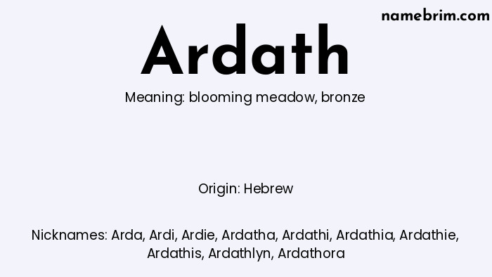 Infographic of Ardath name meaning, which is a name of Hebrew origin, Ardath means bronze, and Arda is a nickname for Ardath.