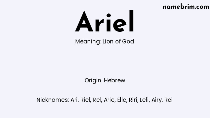 Infographic of Ariel name meaning, which is a name of Hebrew origin, Ariel means lion of God, and Ari is a nickname for Ariel.