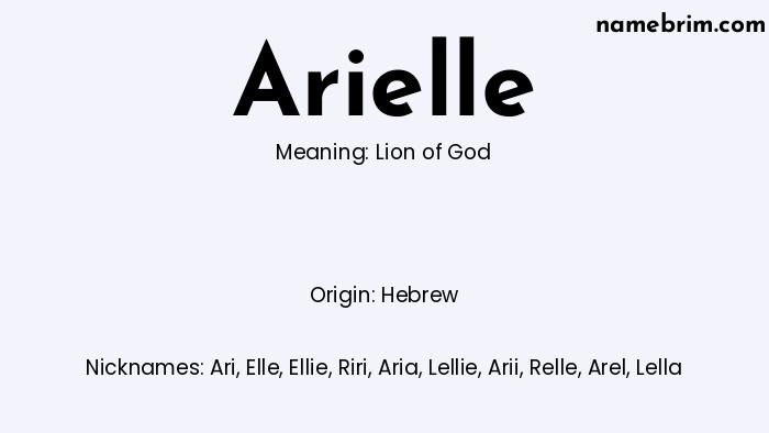 Infographic of Arielle name meaning, which is a name of Hebrew origin, Arielle means lion of God, and Ari is a nickname for Arielle.