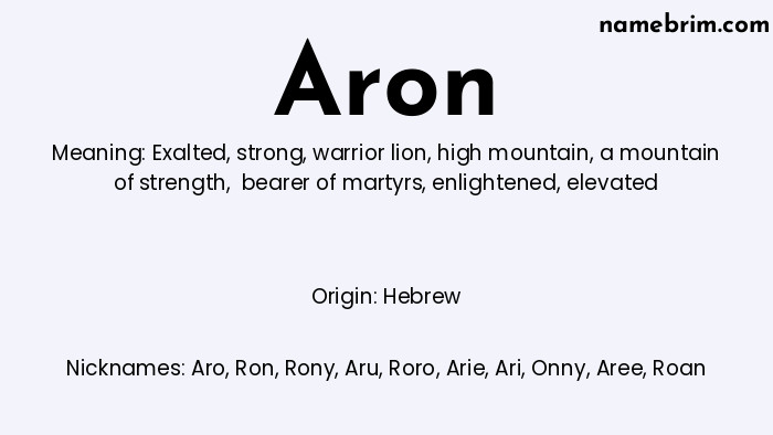 Infographic of Aron name meaning, which is a name of Hebrew origin, Aron means exalted, and Aro is a nickname for Aron.