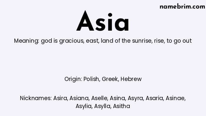Asia, a name of Polish origin, means 'to go out.' A common nickname for Asia is Asira.