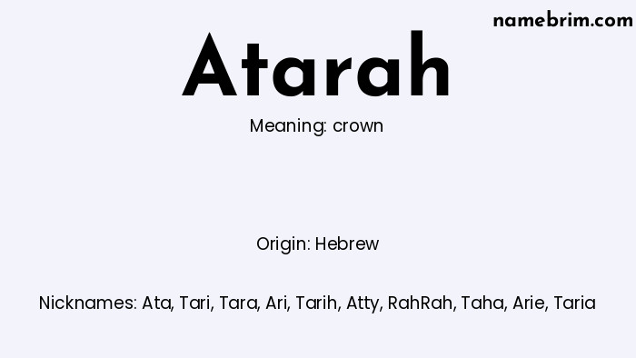 Infographic of Atarah name meaning, which is a name of Hebrew origin, Atarah means crown, and Ata is a nickname for Atarah.