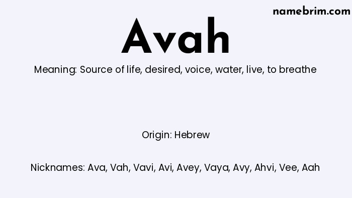 Infographic of Avah name meaning, which is a name of Hebrew origin, Avah means source of life, and Ava is a nickname for Avah.