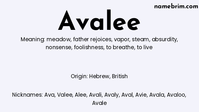 Infographic of Avalee name meaning, which is a name of Hebrew origin, Avalee means to live, and Ava is a nickname for Avalee.