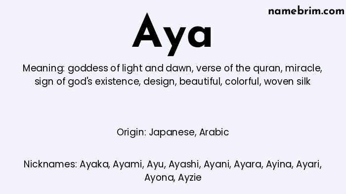 Aya, a name of Japanese origin, means 'woven silk.' A common nickname for Aya is Ayaka.