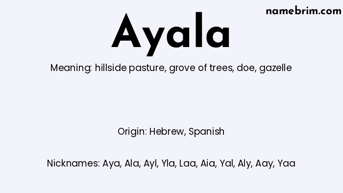 Infographic of Ayala name meaning, which is a name of Hebrew origin, Ayala means gazelle, and Aya is a nickname for Ayala.