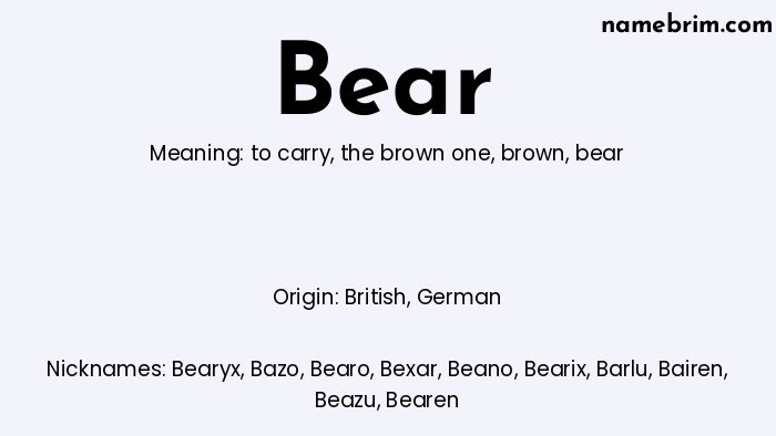 Bear, a name of British origin, means 'bear.' A common nickname for Bear is Bearyx.