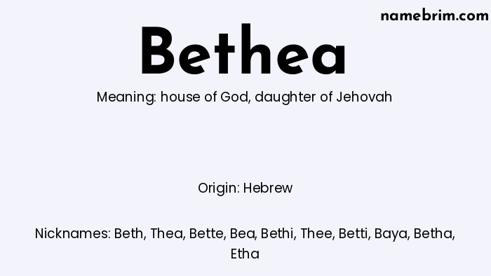 Infographic of Bethea name meaning, which is a name of Hebrew origin, Bethea means daughter of Jehovah, and Beth is a nickname for Bethea.