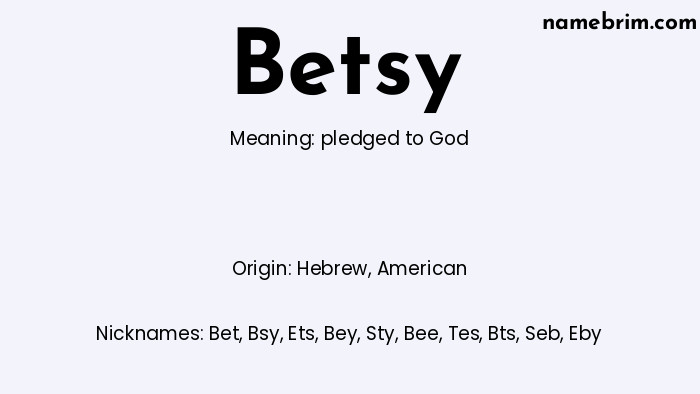 Infographic of Betsy name meaning, which is a name of Hebrew origin, Betsy means pledged to God, and Bet is a nickname for Betsy.