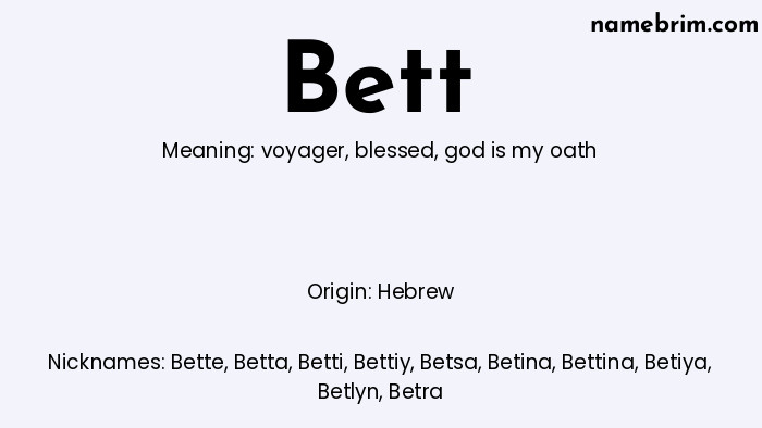 Bett, a name of Hebrew origin, means 'god is my oath.' A common nickname for Bett is Bette.