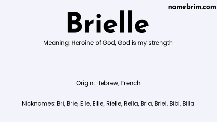 Infographic of Brielle name meaning, which is a name of Hebrew origin, Brielle means heroine of God, and Bri is a nickname for Brielle.