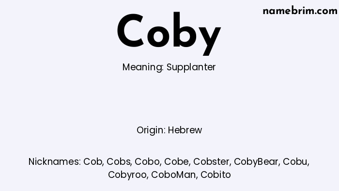 Infographic of Coby name meaning, which is a name of Hebrew origin, Coby means supplanter, and Cob is a nickname for Coby.