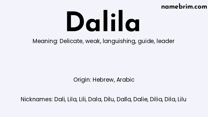 Infographic of Dalila name meaning, which is a name of Hebrew origin, Dalila means delicate, and Dali is a nickname for Dalila.