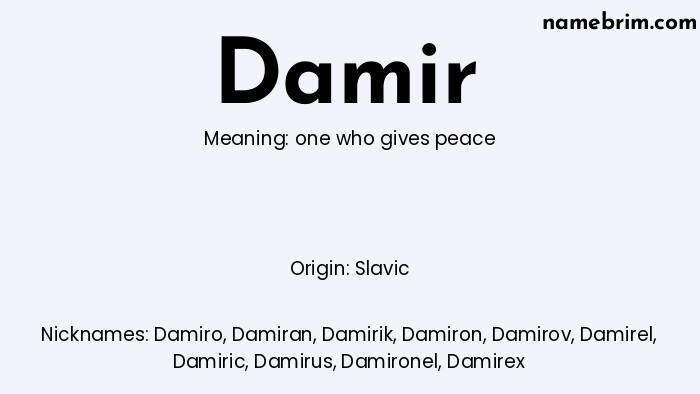 Damir, a name of Slavic origin, means 'one who gives peace.' A common nickname for Damir is Damiro.