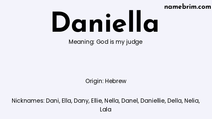 Infographic of Daniella name meaning, which is a name of Hebrew origin, Daniella means God is my judge, and Dani is a nickname for Daniella.