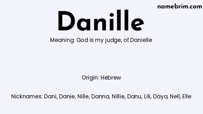 Danille, a name of Hebrew origin, means 'of Danielle.' A common nickname for Danille is Dani.