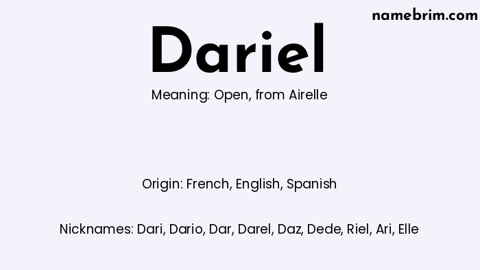 Infographic of Dariel name meaning, which is a name of French origin, Dariel means open, and Dari is a nickname for Dariel.