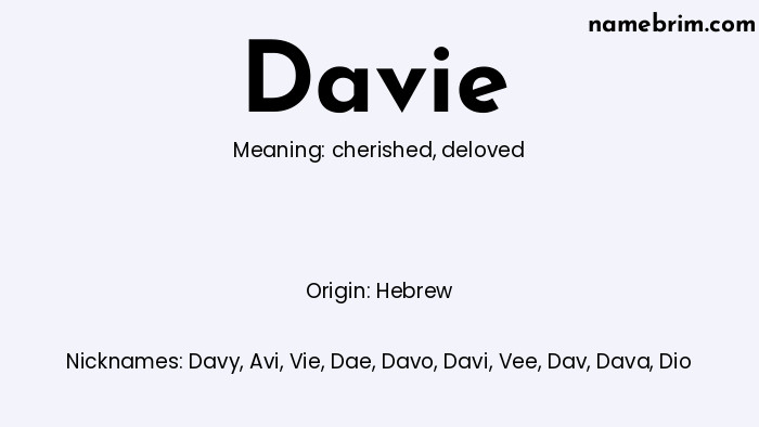 Infographic of Davie name meaning, which is a name of Hebrew origin, Davie means deloved, and Davy is a nickname for Davie.