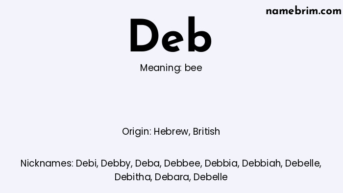 Infographic of Deb name meaning, which is a name of Hebrew origin, Deb means bee, and Debi is a nickname for Deb.