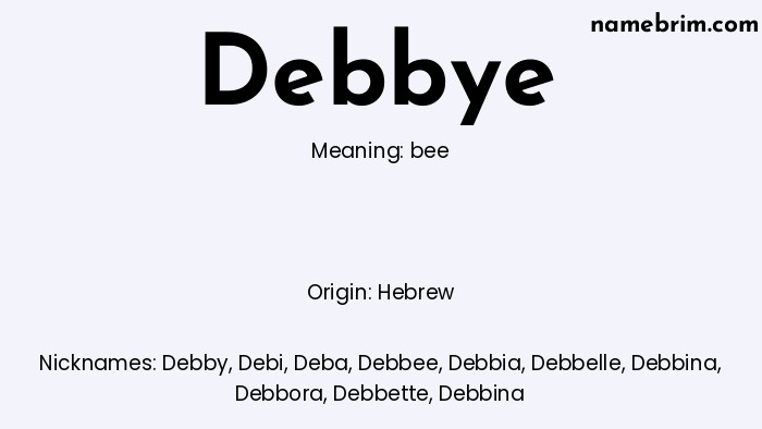 Infographic of Debbye name meaning, which is a name of Hebrew origin, Debbye means bee, and Debby is a nickname for Debbye.