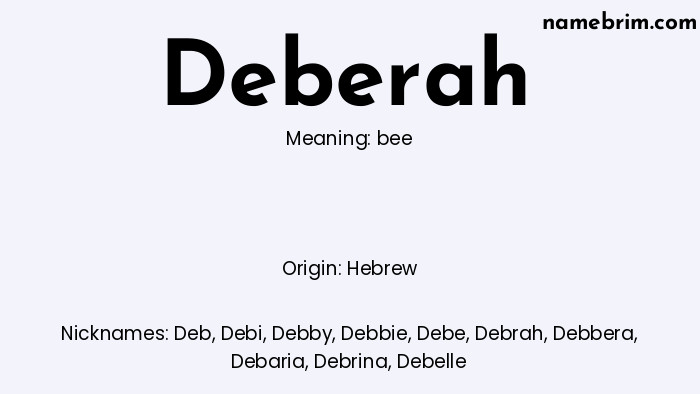 Infographic of Deberah name meaning, which is a name of Hebrew origin, Deberah means bee, and Deb is a nickname for Deberah.