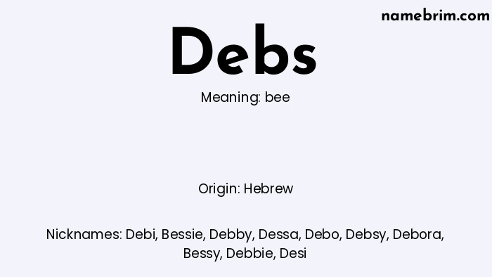 Infographic of Debs name meaning, which is a name of Hebrew origin, Debs means bee, and Debi is a nickname for Debs.